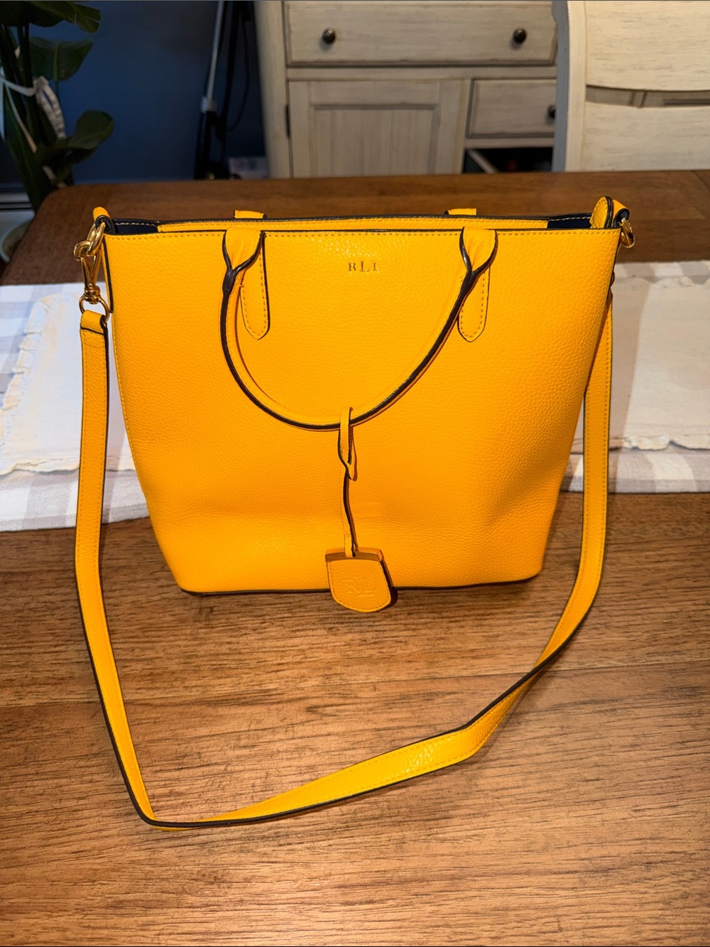 Polo by Ralph Lauren Yellow Pebbled Leather Shoulder Bag with Crossbody Strap